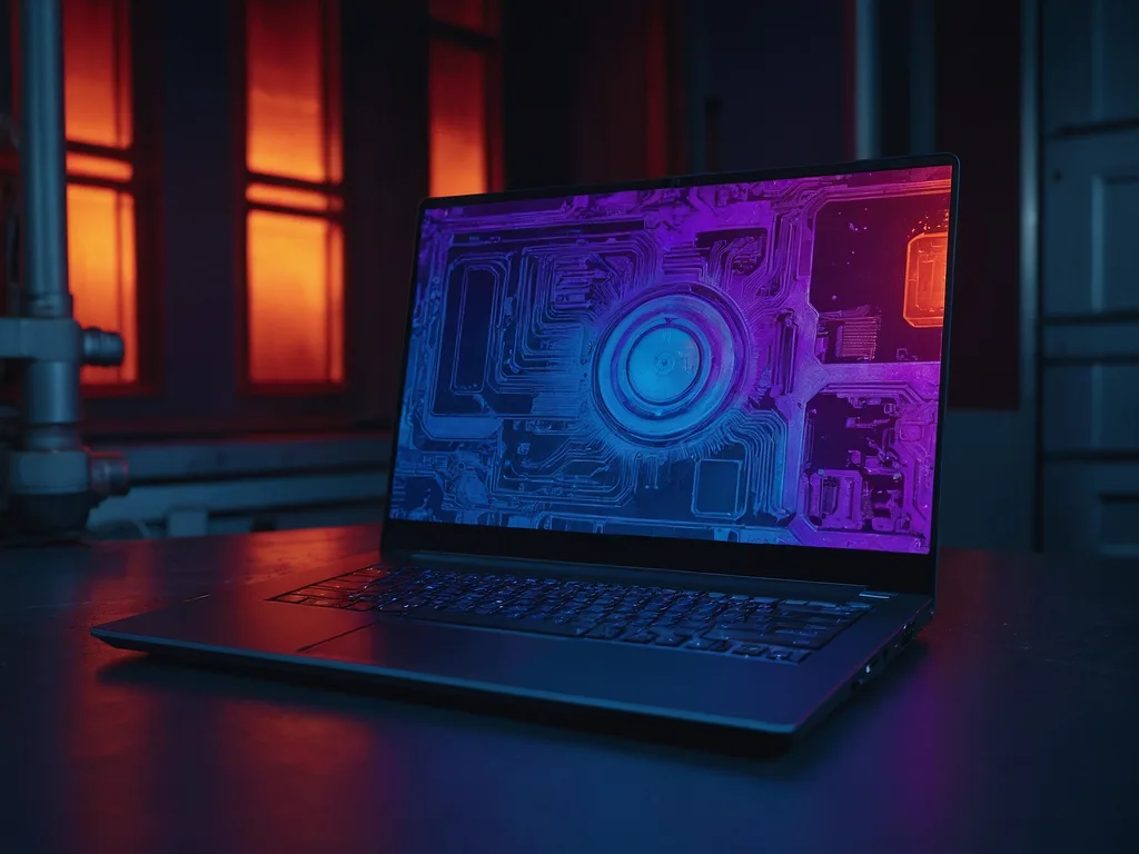 Gambar termal imager menunjukkan laptop dengan titik panas di bahagian CPU dan kipas