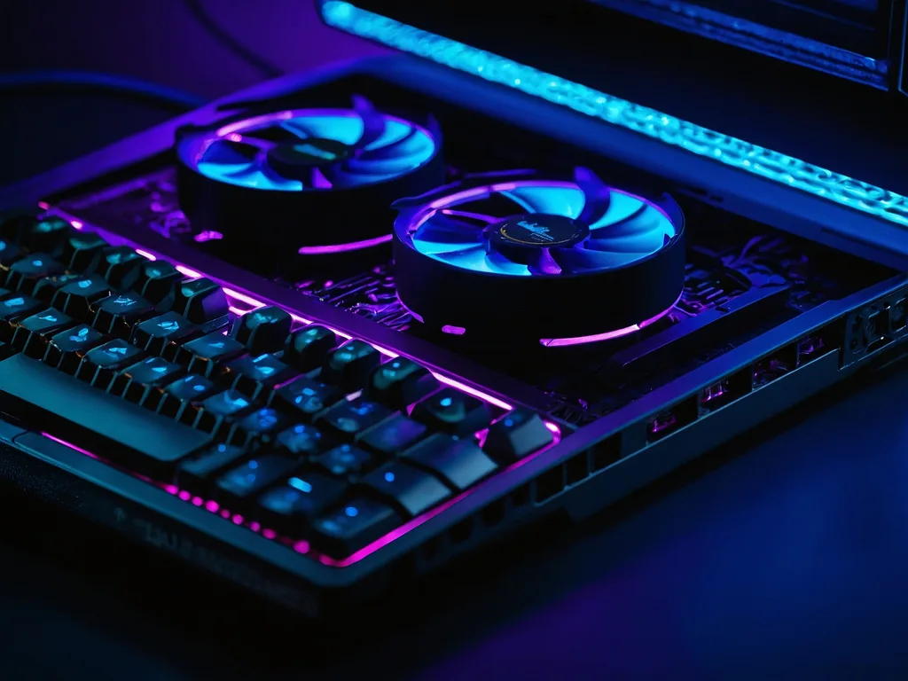 Cooling pad dengan laptop di atasnya, RGB violet menyala di cahaya gelap