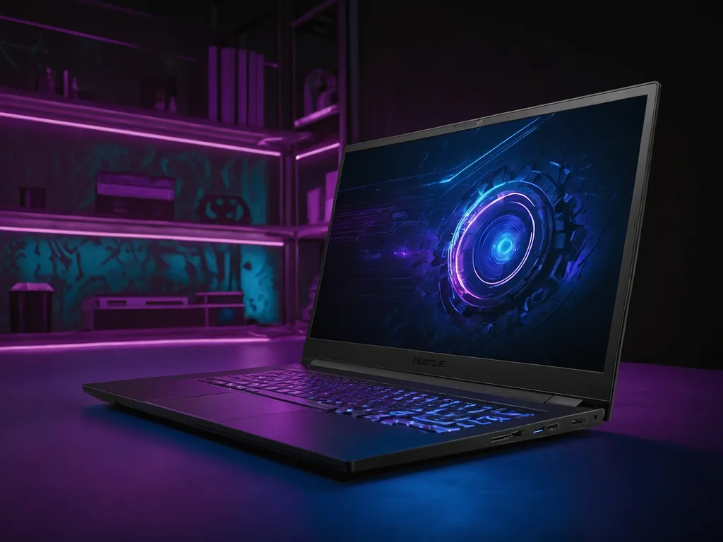 Laptop gaming moden dengan ventilasi besar dan cahaya RGB violet, simbol cooling yang efisien