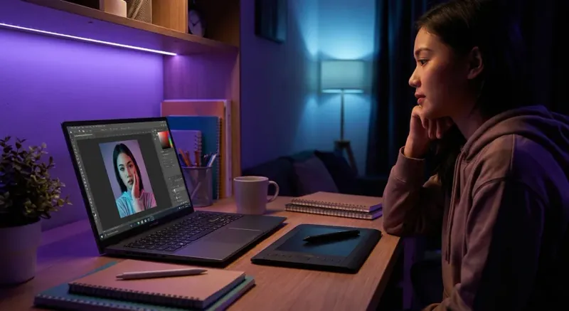 Laptop pelajar Adobe Photoshop dengan layar warna tepat dan prosesor powerful untuk desain grafis