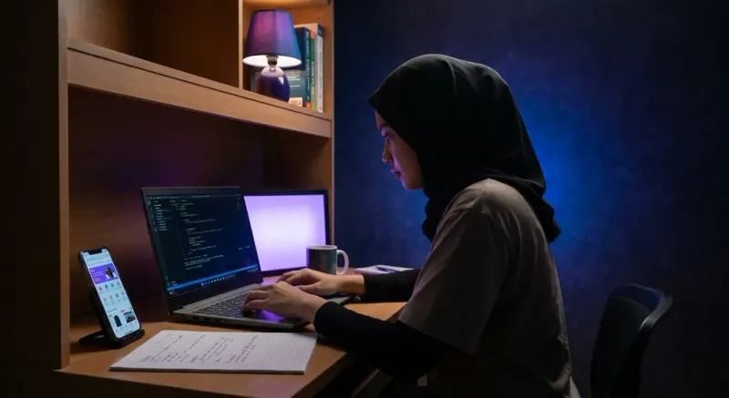 Pelajar coding dengan laptop bawah RM2500 di meja kerja dengan monitor eksternal