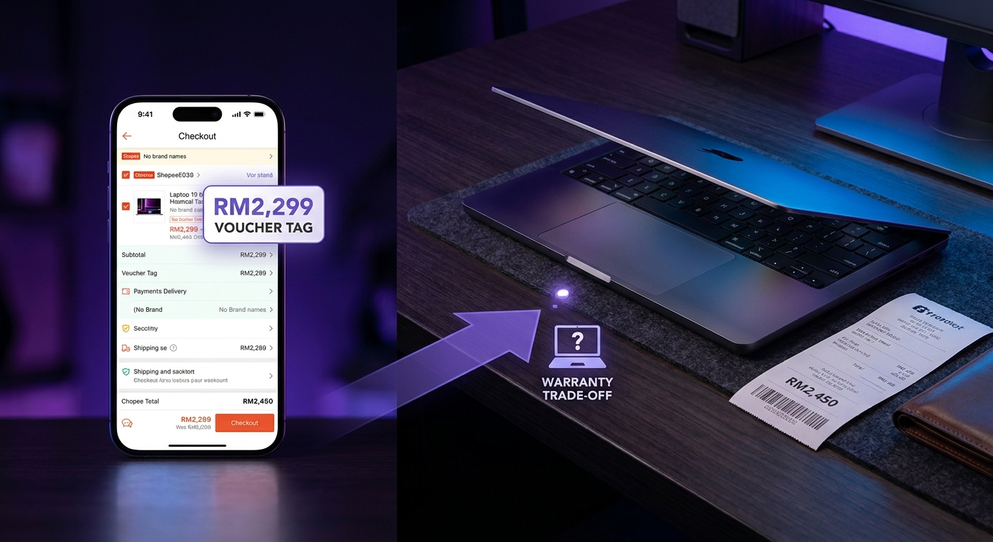 Pelajar coding di perpustakaan dengan laptop bawah RM2500