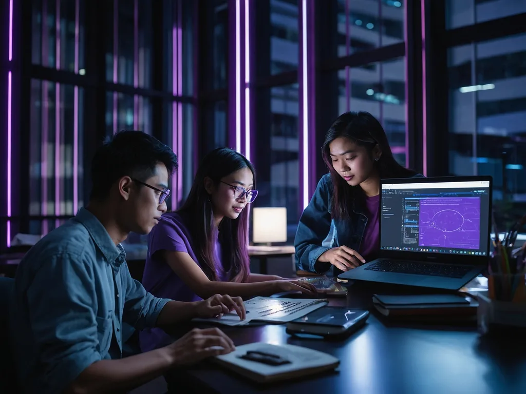 Pelajar kejuruteraan Malaysia berkolaborasi dengan laptop di kampus universiti