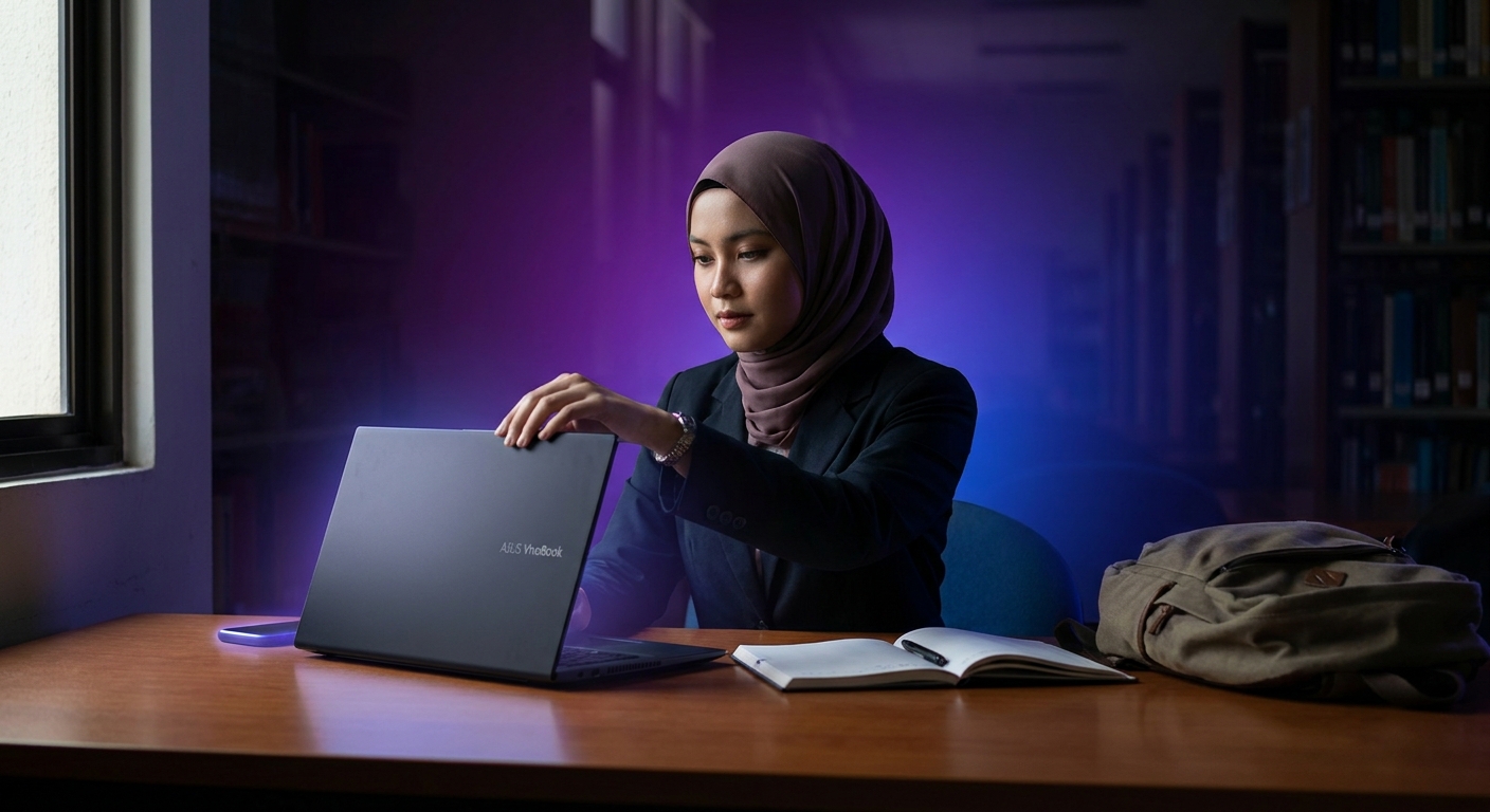 Pelajar muda menggunakan laptop lightweight di perpustakaan sambil membuat nota