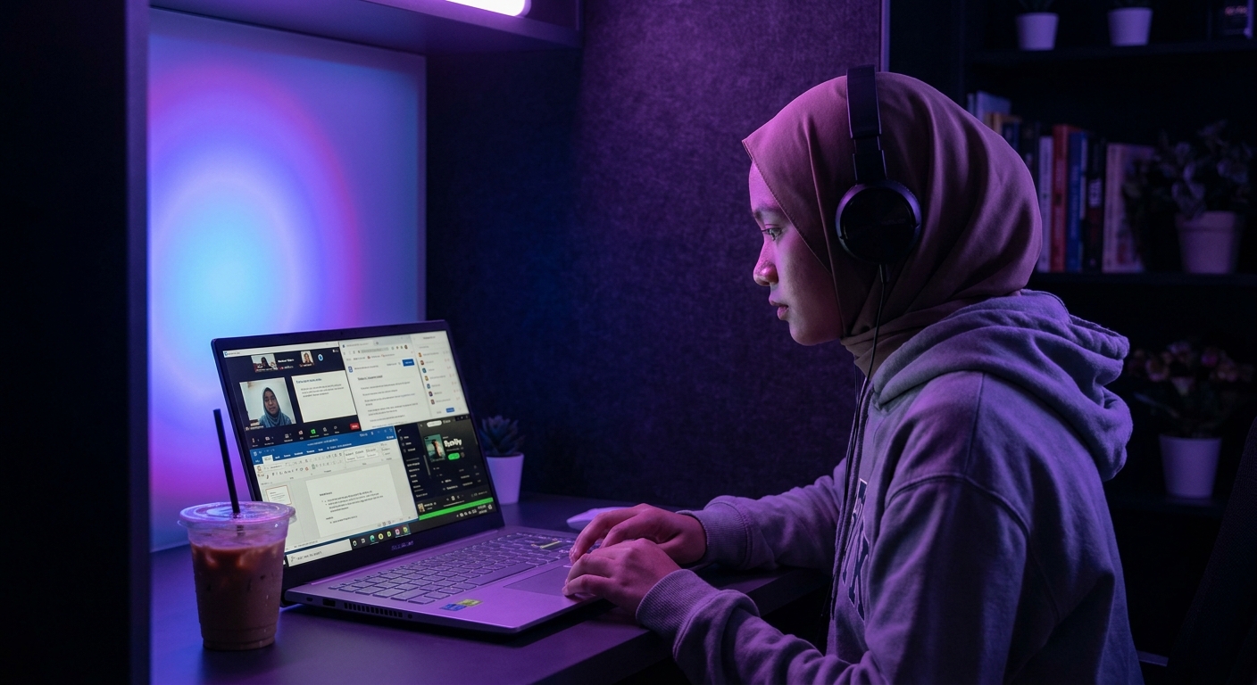 Pelajar menggunakan laptop untuk Zoom multitask dengan aplikasi terbuka