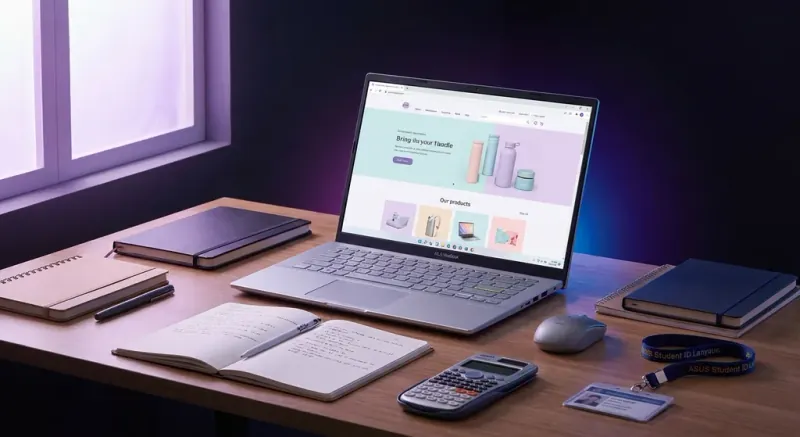 Pelajar Malaysia membuka laptop promo back to school di meja belajar dengan buku dan pen