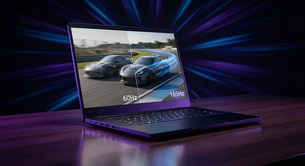 Laptop dengan panel refresh rate tinggi menampilkan grafis halus dan responsif untuk kerja profesional