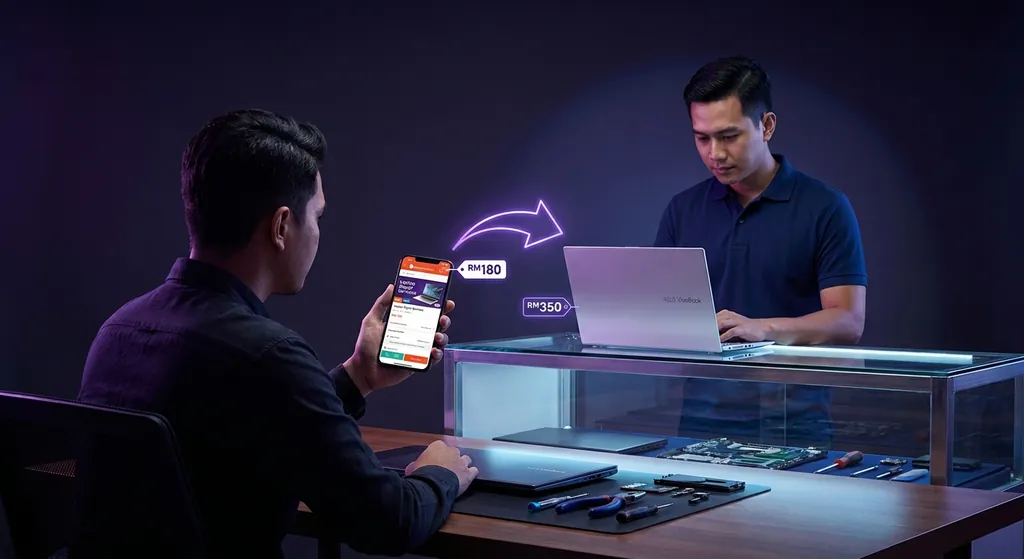 Professional laptop repair technician servicing a Dell laptop at a repair shop in Malaysia