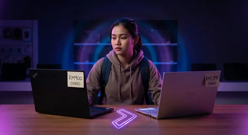 Pembeli memeriksa laptop second hand berkualiti dengan skrin cerah dan bateri sihat