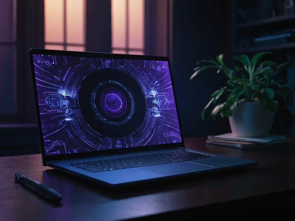 Laptop tengah shutdown sendiri dengan skrin fade dan electrical sparks effect pada meja gelap