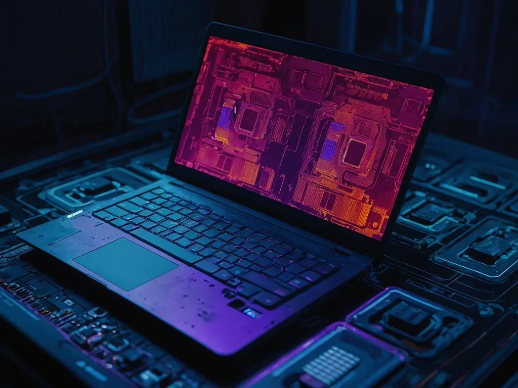Thermal camera image laptop dengan hotspots merah atas CPU area