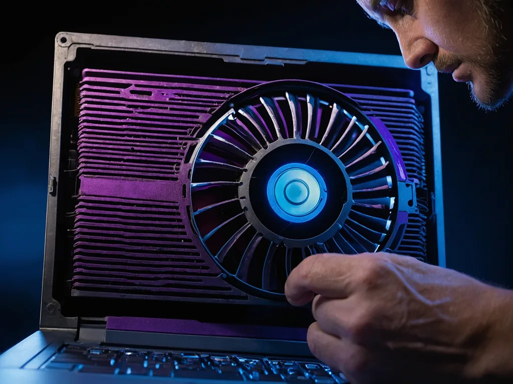 Technician buka laptop back cover dengan fan penuh debu tebal obstruct airflow