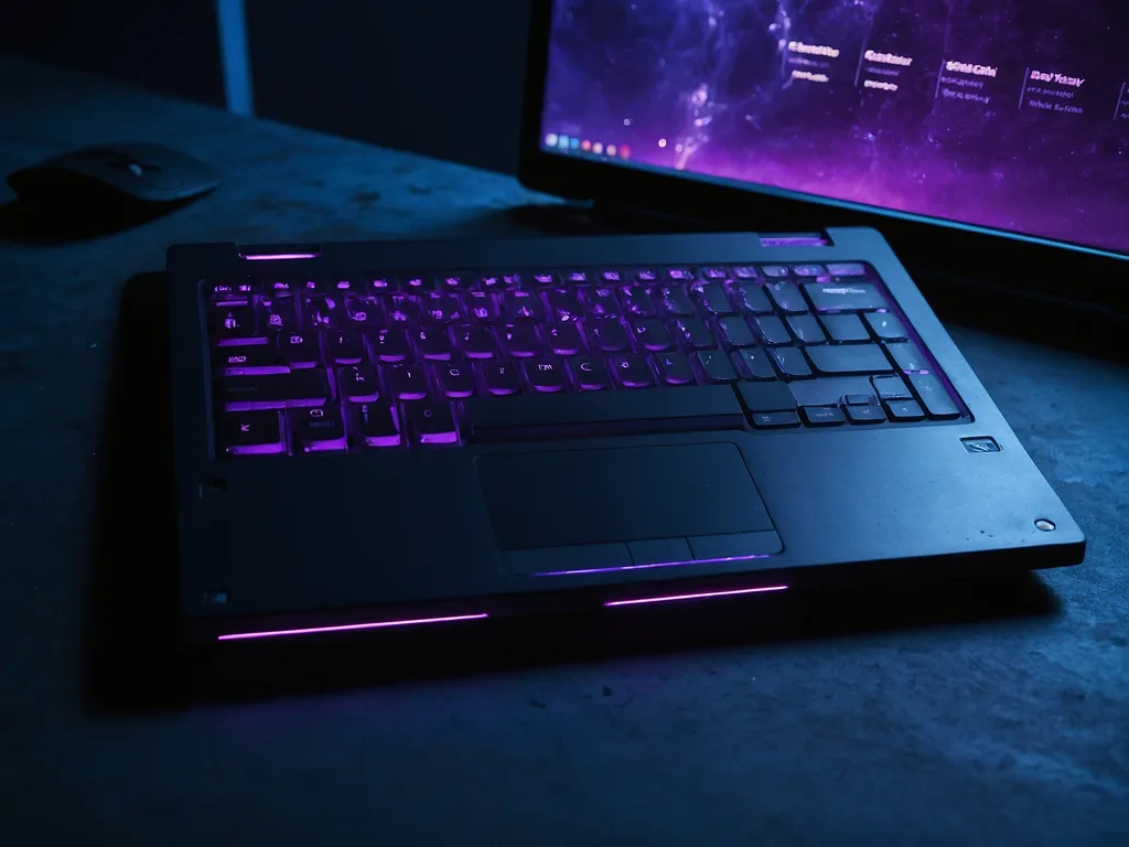 Laptop dengan skrin hitam sepenuhnya tetapi LED kuasa menyala violet dalam bilik gelap