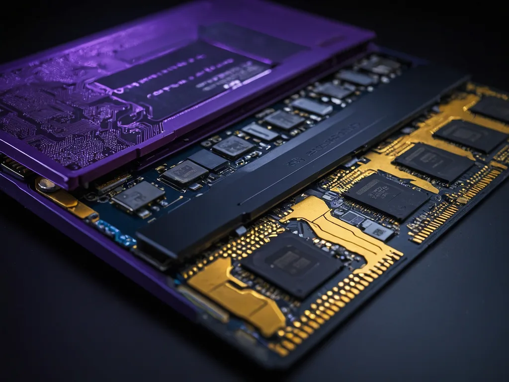 Tangan sedang reseat modul RAM laptop dengan hati-hati pada workstation gelap