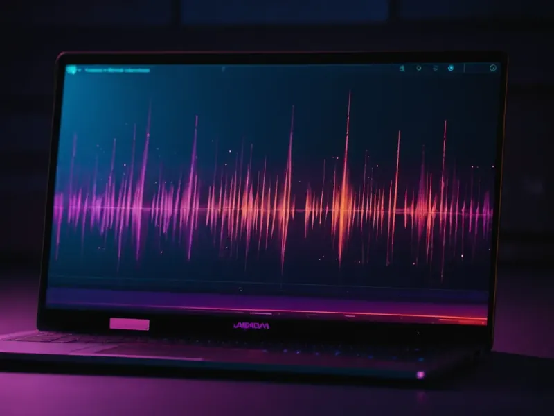 Laptop speaker rosak dengan glitched waveform red overlay pada speaker grille