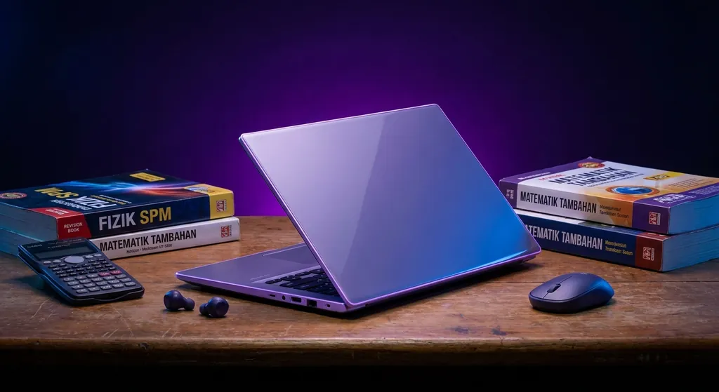 Pelajar SPM bekerja dengan laptop berkualiti di meja belajar