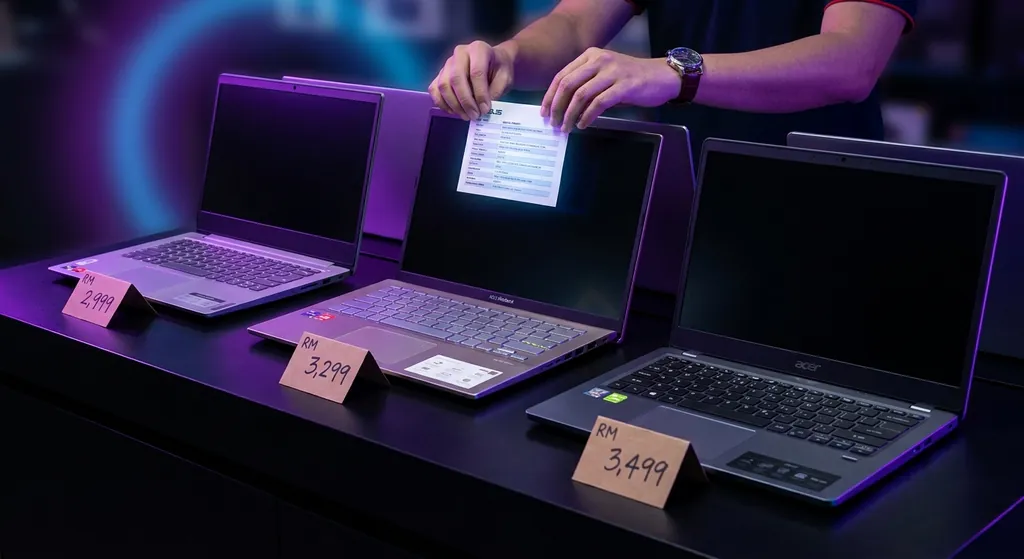 Pelanggan membeli laptop di kedai komputer Malaysia dengan pelbagai pilihan jenama