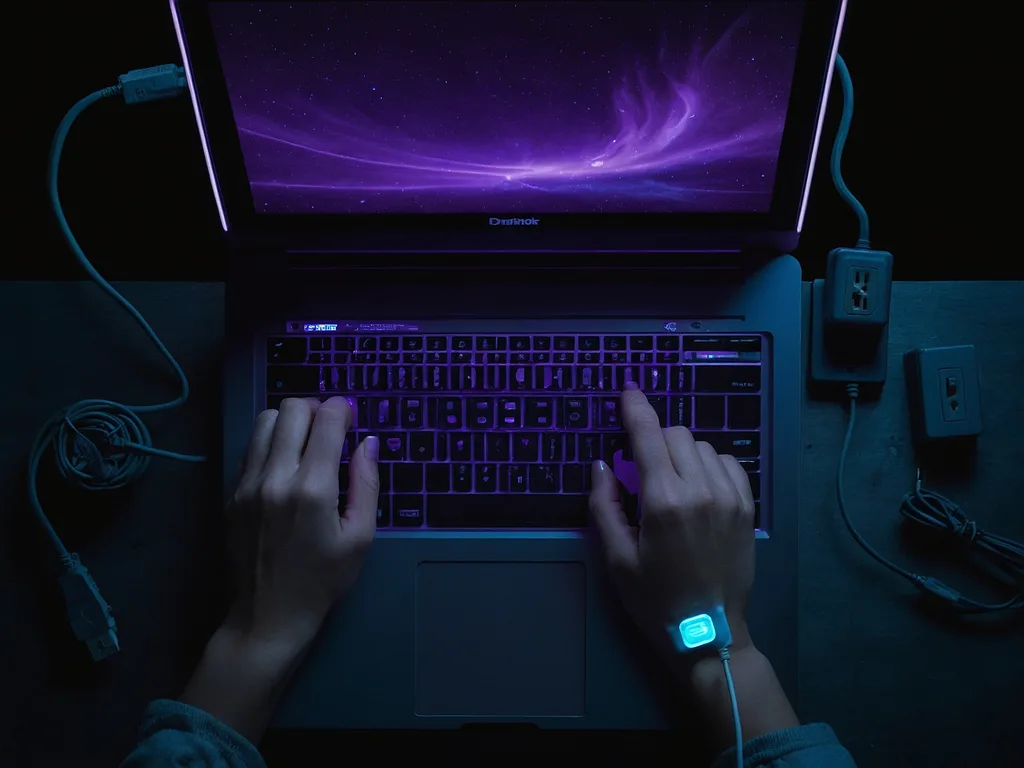 Tangan memegang charger laptop dengan LED penunjuk menyala lemah, dipasang ke soket dinding