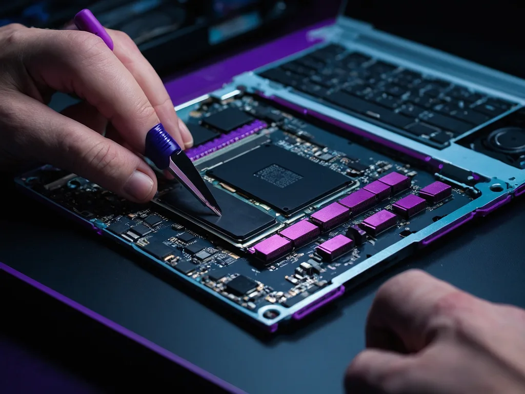 Laptop dengan cover bawah dibuka menunjukkan modul RAM dan SSD, tangan teknisi memegang skru kecil