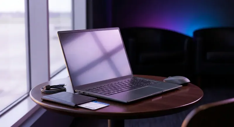 Laptop tipis ringan untuk travel di atas meja dengan pemandangan pantai latar belakang