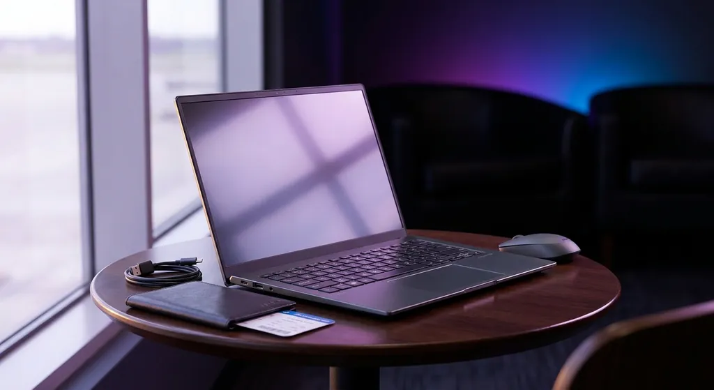 Laptop tipis ringan untuk travel di atas meja dengan pemandangan pantai latar belakang