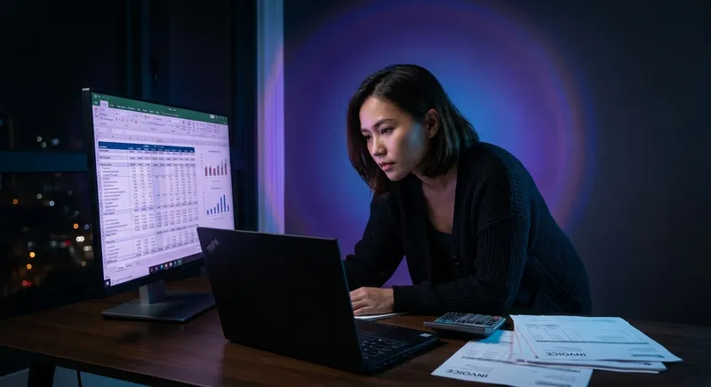 Laptop profesional dengan skrin besar menampilkan spreadsheet Excel kompleks dengan data besar