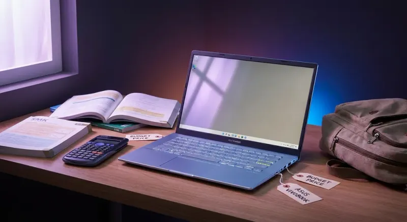 Pelajar SMK menggunakan laptop untuk belajar dan projek sekolah di meja belajar