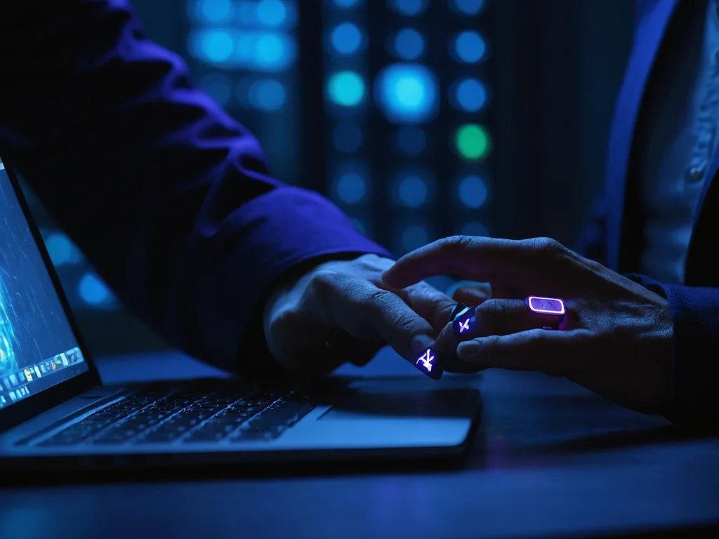 Laptop USB port tak function dengan red X overlay pada port dan pendrive caught mid-insertion