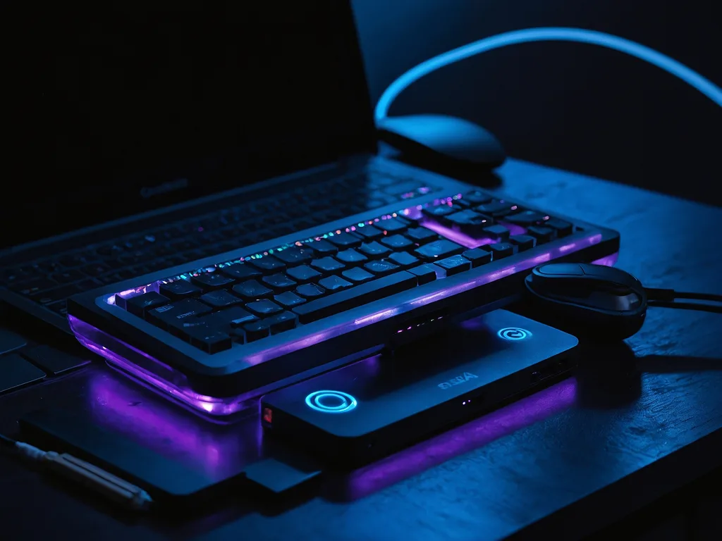 USB hub powered Anker dengan pendrive, mouse, dan external SSD disambungkan ke laptop