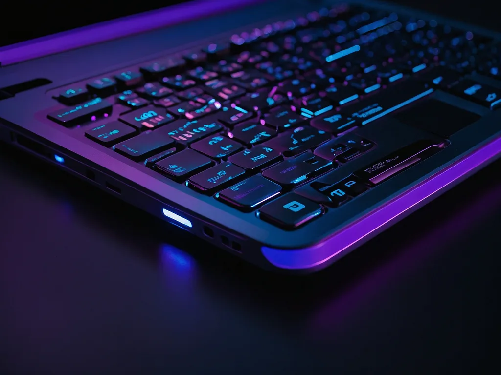 Perbandingan close-up port USB-A dan USB-C dengan label holographic violet