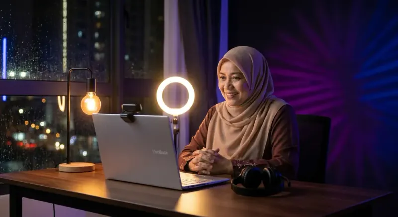 Laptop video call Malaysia dengan kamera HD dan mikrofon berkualiti untuk kerja jarak jauh