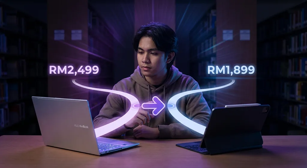 Pelajar membandingkan laptop dan tablet untuk kerja akademik di meja belajar