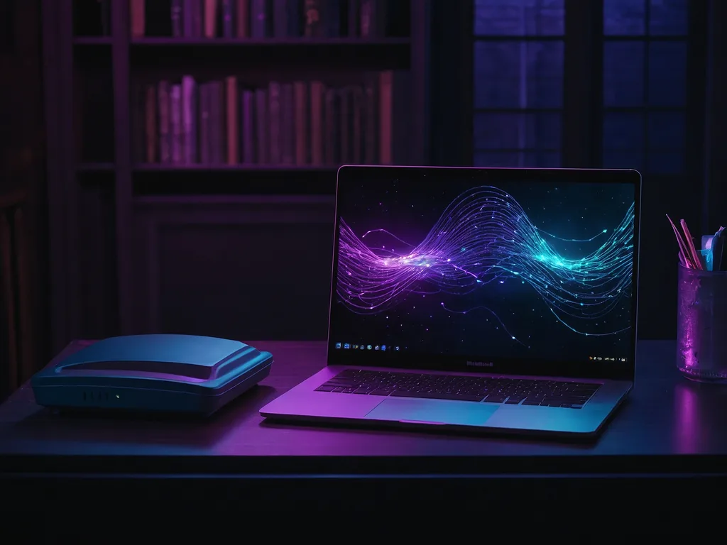 Laptop di atas meja bersebelahan router wireless moden dengan LED yang berkelip, gelombang signal WiFi kelihatan