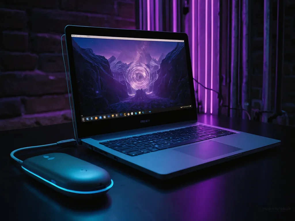 Laptop dengan USB WiFi adapter dipasang ke port sisi, dongle kecil dengan antena kelihatan