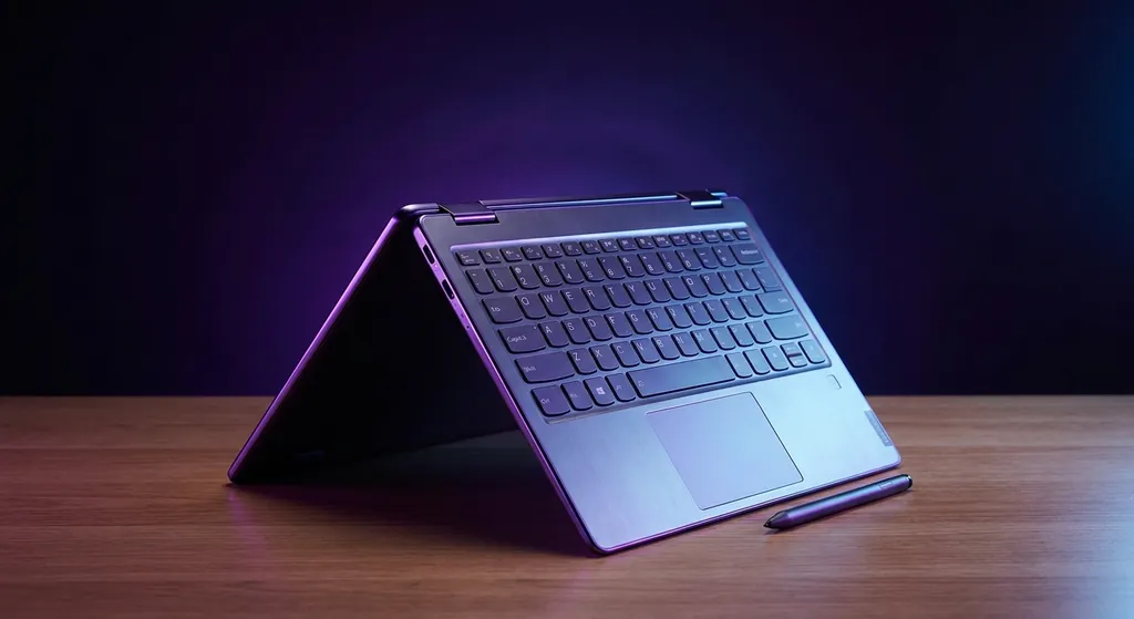 Lenovo Yoga 7i 2-In-1 dalam mod tablet dan laptop dengan skrin sentuh OLED