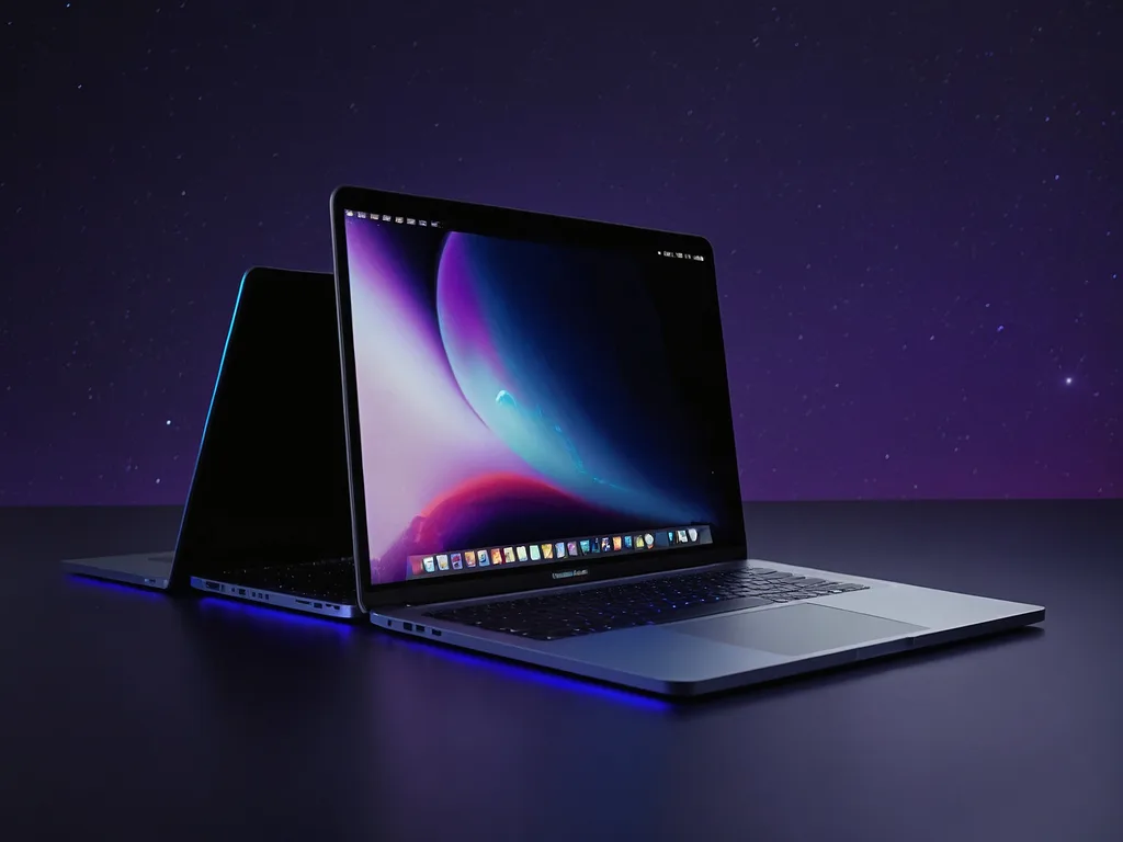 MacBook Pro 14 inch space grey dengan dramatic violet rim lighting untuk pelajar Malaysia 2026