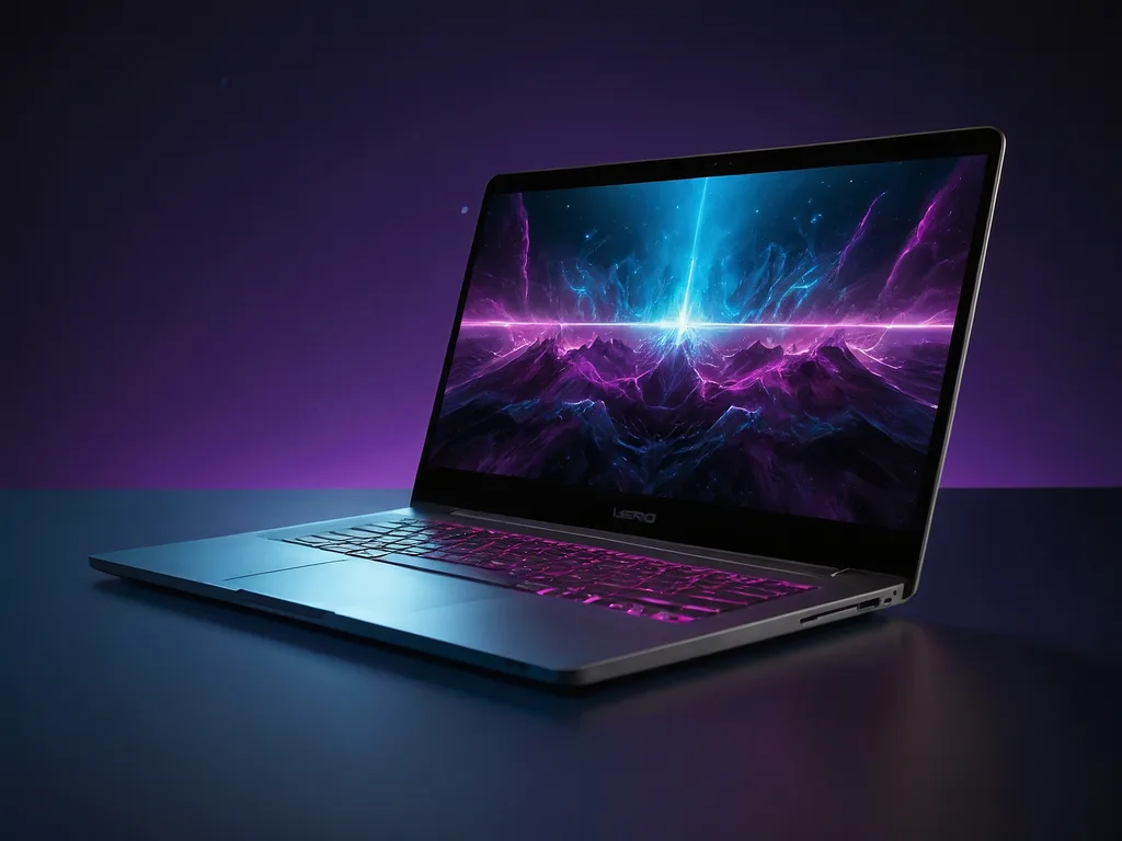 Premium silver aluminium 14 inci laptop terbuka dengan creative software interface, hero shot Mini-LED display