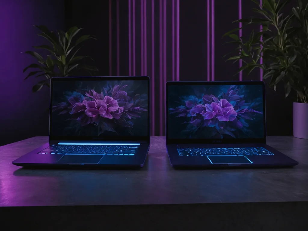 Dua laptop side by side, premium silver aluminium dan budget Windows, perbandingan build quality dengan pencahayaan violet
