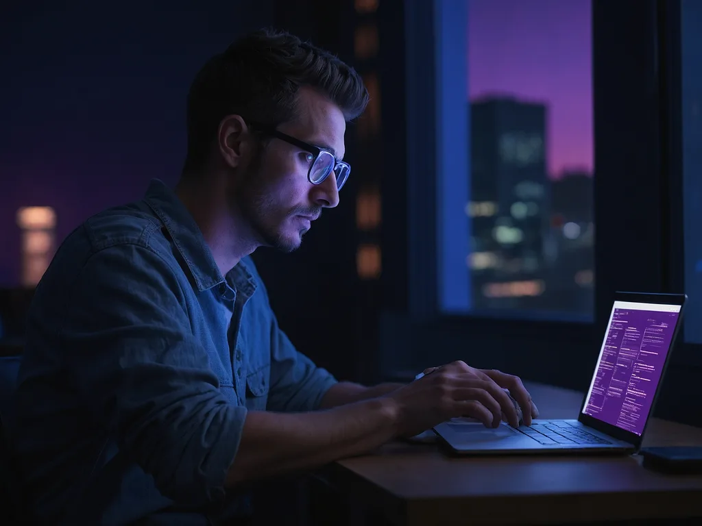 Programmer atau designer fokus bekerja pada laptop premium 14 inci, suasana malam dengan pencahayaan violet ambient