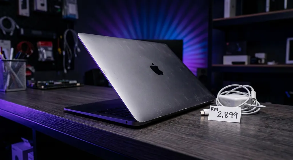 MacBook Air M1 second hand dengan skrin terbuka menunjukkan Apple logo dan keyboard