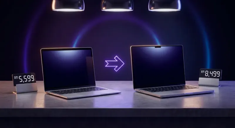 MacBook Air dan MacBook Pro berdampingan menunjukkan perbezaan desain dan ukuran di Malaysia