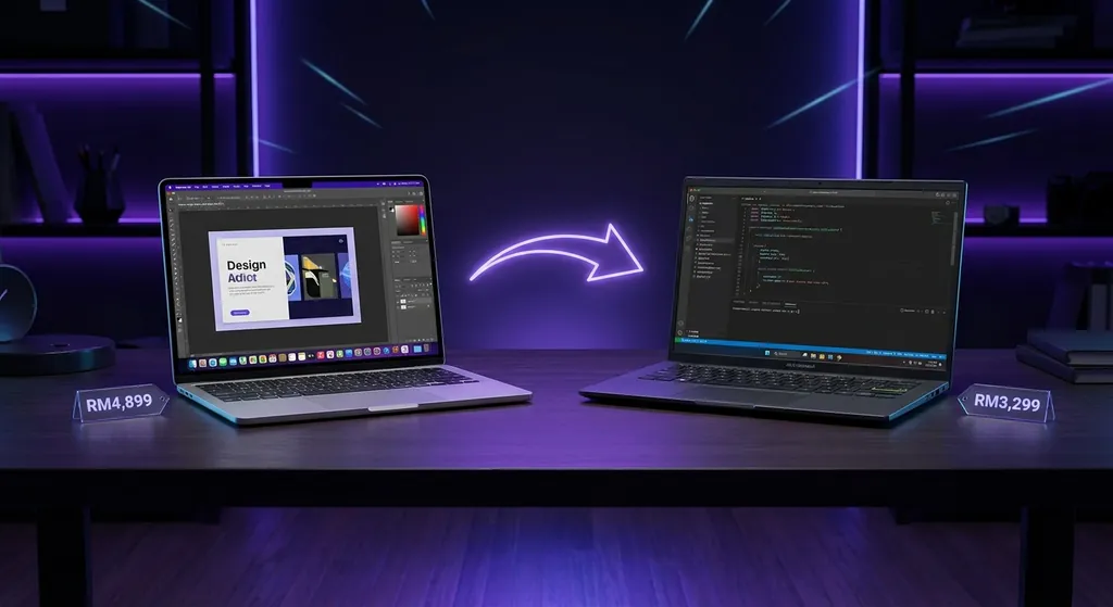 MacBook dan laptop Windows bersanding untuk freelancer Malaysia dengan spesifikasi dan harga