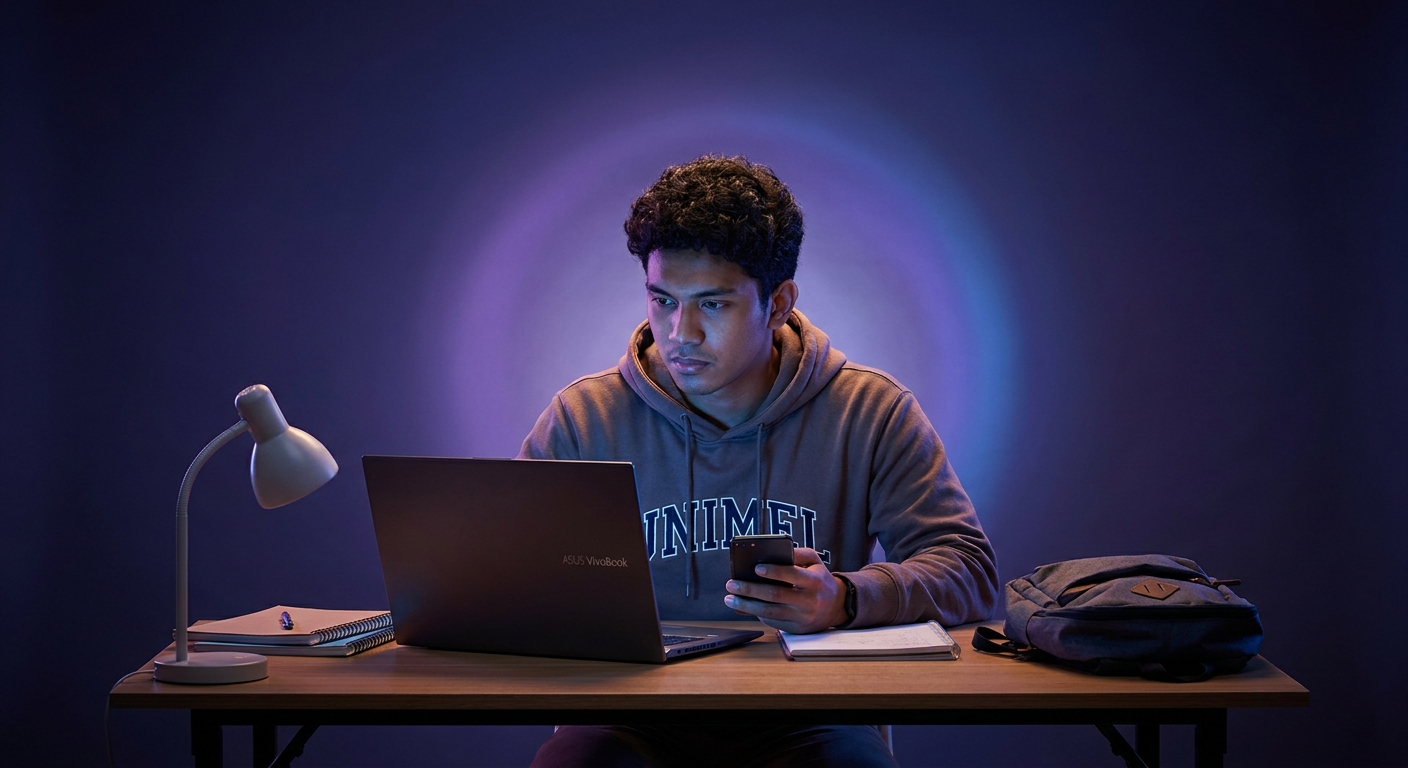 Mahasiswa menggunakan portal pelajar unimel di laptop modern untuk akses data akademik