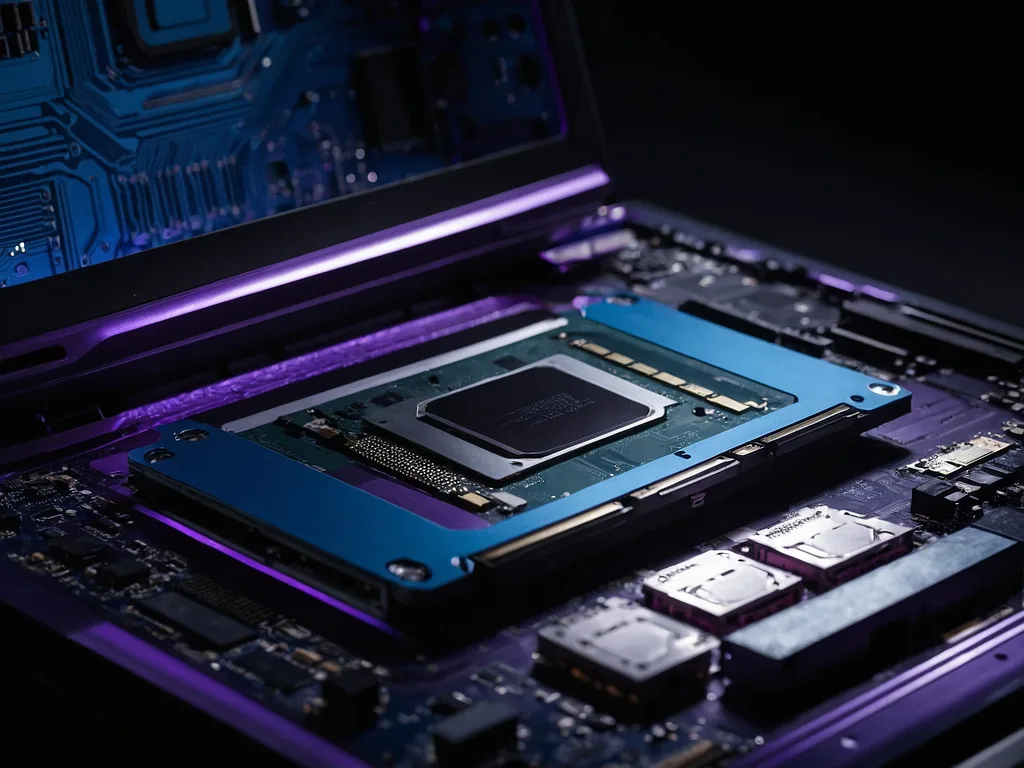 Laptop moden dengan RAM 16GB terbuka, cahaya violet elegant di studio moden