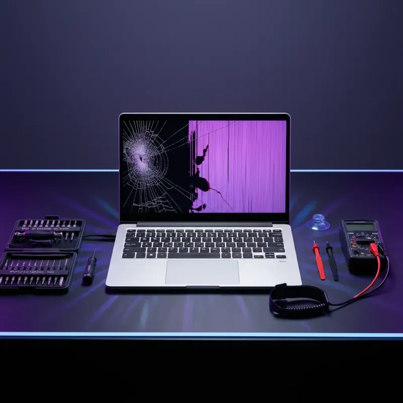Laptop dengan skrin rosak menunjukkan blank screen dan kerosakan LCD