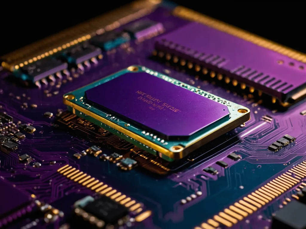 Macro close-up cip M.2 NVMe SSD dengan modul memori dan pin gold