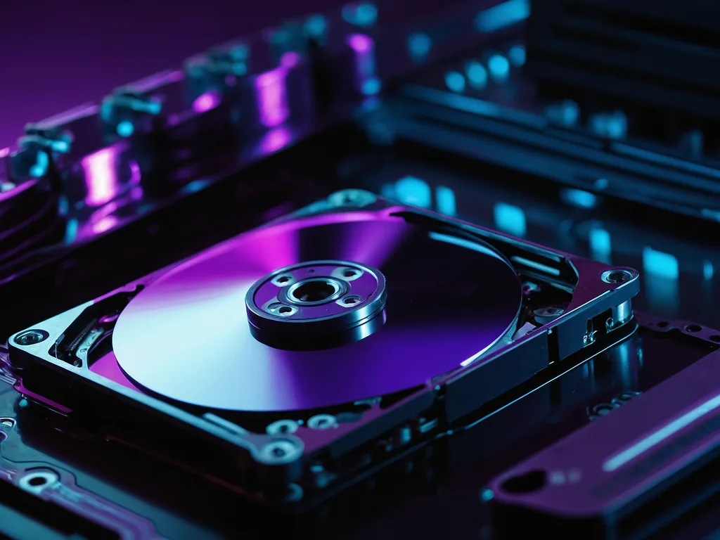 Macro close-up HDD platter terbuka dengan read write arm dan refleksi cahaya violet