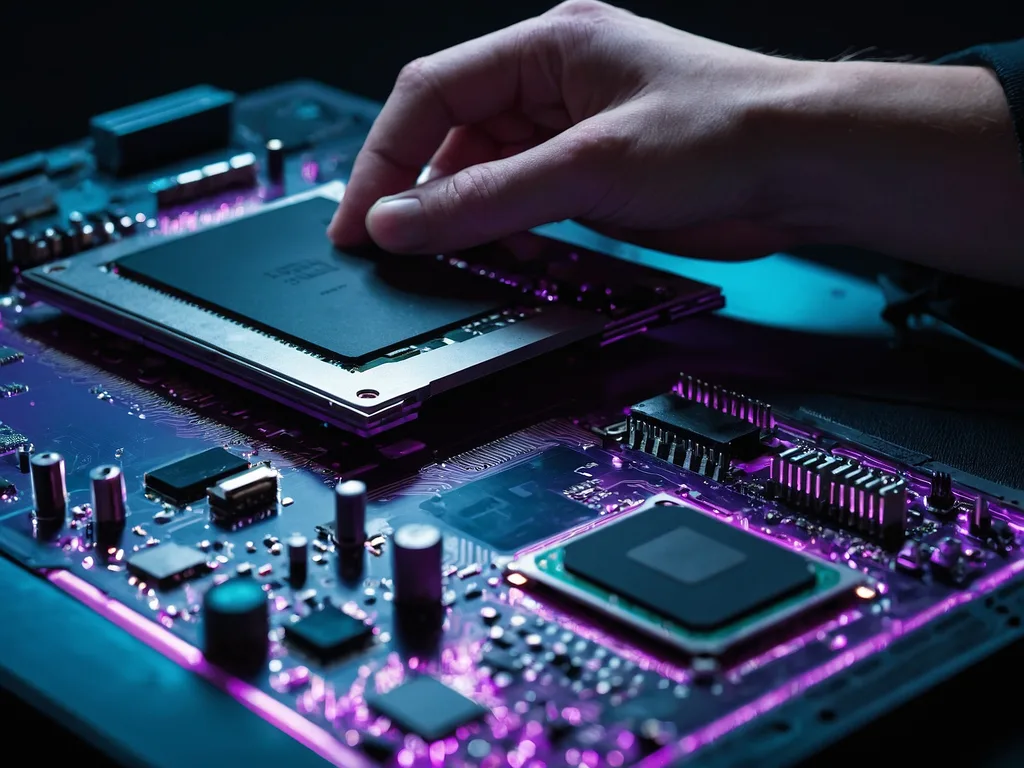 Tangan memasang M.2 SSD ke dalam laptop terbuka, suasana kerja teknikal profesional