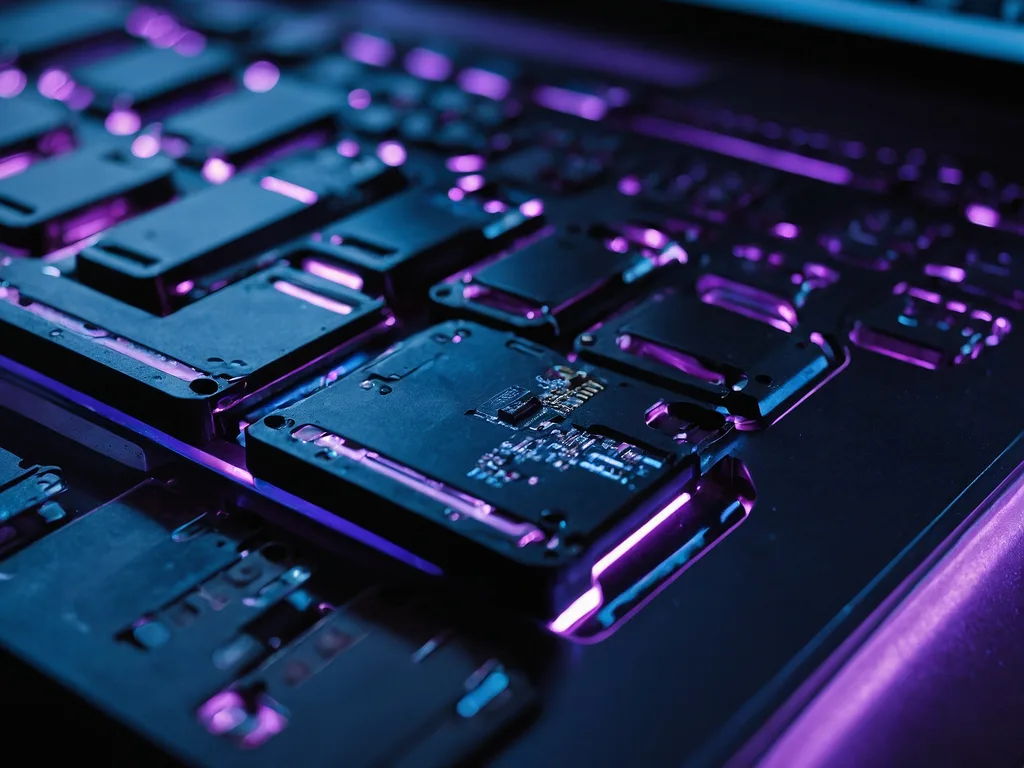 Close-up tangan memeriksa port dan engsel laptop refurbished, suasana inspeksi profesional