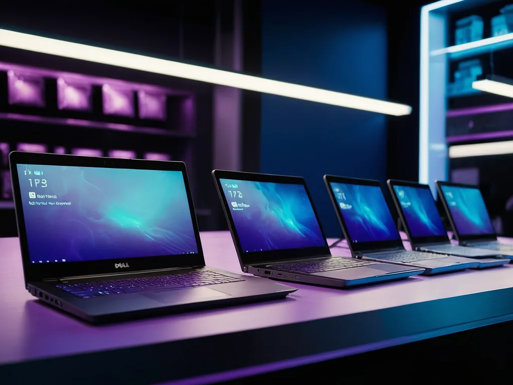 Susunan laptop refurbished Dell Lenovo HP di kedai elektronik moden Malaysia dengan pencahayaan violet